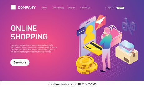 E-commerce web site template. Internet shopping web market and online store flat color horizontal