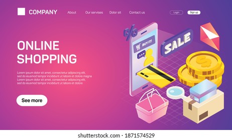 Plantilla de sitio web de comercio electrónico. Internet shopping web market y tienda online de color plano horizontal