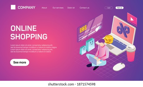 E-commerce web site template. Internet shopping web market and online store flat color horizontal