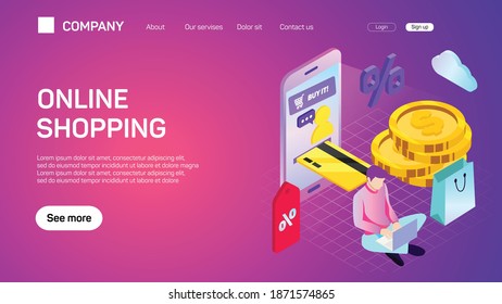 E-Commerce-Website-Vorlage. Internet-Shopping-Web-Markt und Online-Shop flache Farbe horizontalen