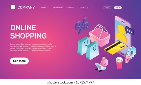 E-commerce web site template. Internet shopping web market and online store flat color horizontal