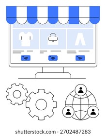 Web de comércio eletrônico, v09site exibido em um monitor de computador com um toldo de frente de loja. Ícones do carrinho de compras abaixo de imagens do produto, ícones da engrenagem representando configurações, rede global com ícones do usuário. Ideal
