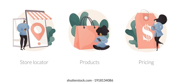 E-commerce Website Abstract Concept Vector Illustration Set. Store Locator, Product And Pricing, Online Map, Service Catalog, Retail Shop, Product Price, Subscription Plan Abstract Metaphor.