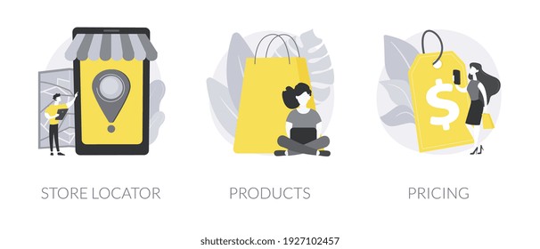 E-commerce Website Abstract Concept Vector Illustration Set. Store Locator, Product And Pricing, Online Map, Service Catalog, Retail Shop, Product Price, Subscription Plan Abstract Metaphor.