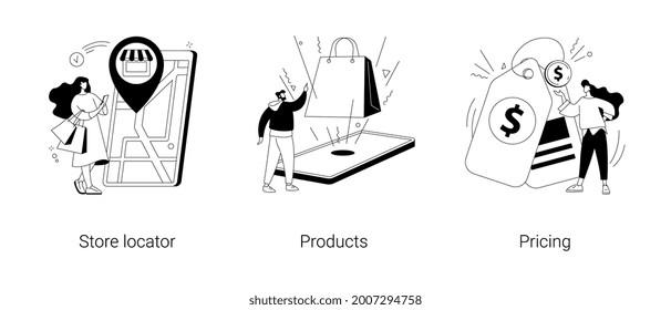 E-commerce website abstract concept vector illustration set. Store locator, product, pricing, website menu bar, find us, service catalog, retail store, online shopping, wishlist abstract metaphor.