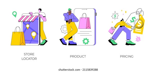 E-commerce website abstract concept vector illustration set. Store locator, product, pricing, website menu bar, find us, service catalog, retail store, online shopping, wishlist abstract metaphor.