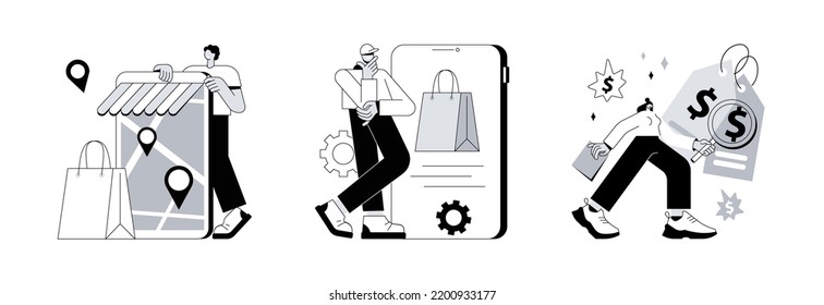 E-commerce website abstract concept vector illustration set. Store locator, product, pricing, website menu bar, find us, service catalog, retail store, online shopping, wishlist abstract metaphor.