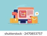 eCommerce Website. add products to online shopping cart. Shopping website, Secure payment gateway, Online delivery - vector illustration with icons