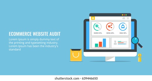 E-commerce Website Audit, Data Analysis For ECommerce Website, Performance Audit Flat Design Vector Isolated On Blue Background