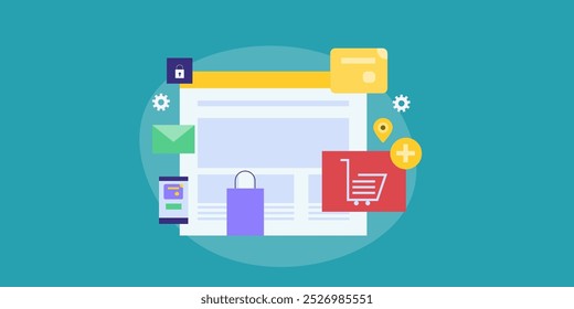 Sitio web de comercio electrónico, construcción de Sitios web con tecnología de comercio electrónico que vende productos en línea, Completar compra seguro, colocación de pedidos en línea - Ilustración vectorial con iconos