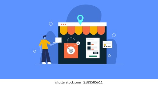 eCommerce website concept, Customer buying online from ecommerce stores, ecommerce marketing campaign - vector illustration background