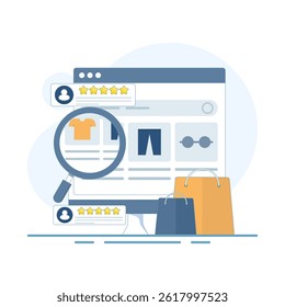 eCommerce website concept, Customer experience of shopping website, Add to cart concept, Customers share product ratings. flat design vector illustration on background.