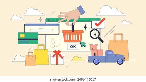 E-commerce website design programming tiny person neubrutalism concept. Coding new online website for purchases, payments and delivery vector illustration. Shopping and retail site development.