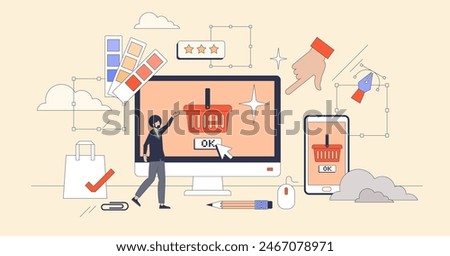 E-commerce website design for webshop UX tiny person neubrutalism concept. Improved user experience with intuitive interface and beautiful color usage for online project vector illustration.