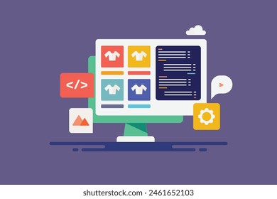 eCommerce website development, Company providing eCommerce solution for online business and brands, web development, application development - vector illustration with icons