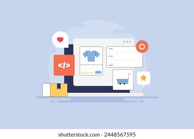 eCommerce website development, Web development company building custom eCommerce website, integrating payment process, shipping app - vector illustration background with icons