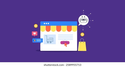 Ecommerce website driven by artificial intelligence, AI for eCommerce platform, eCommerce sales conversion optimization with AI - vector illustration with icons