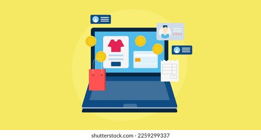 E-Commerce-Website-Finanzierung, Online-Zahlung, E-Commerce-Geschäftsmodell - flacher Design, Vektorgrafik-Hintergrund mit Symbolen