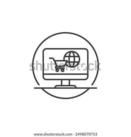 E-Commerce Website icon. Graphic source for symbol e-commerce a place to shop online or virtual illustrated by laptop screen with shopping chart and globe on the display. 