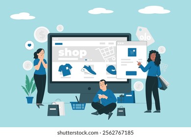 Ecommerce website illustration. Peoples are browsing products on a laptop, representing online shopping and e-commerce experience.