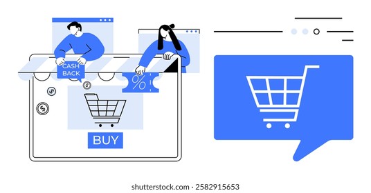 E-commerce website interface highlighting shopping cart, buy button, cash back, and discount offers. Two people interacting online. Ideal for online shopping, digital marketing, e-commerce