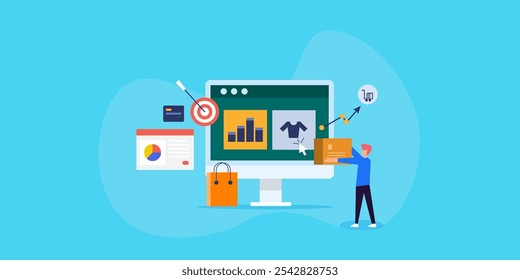 Sitio web de comercio electrónico que hace ventas en línea, experiencia de compra de comercio electrónico, análisis de ventas de comercio electrónico - fondo de Ilustración vectorial con iconos y carácter