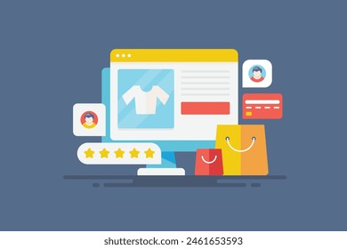 eCommerce Website-Marketing, Kunde, die Online-Einkäufe vom eCommerce-Schaufenster tätigen, sichere Kasse, Online-Shopping - Vektorillustration mit Symbolen