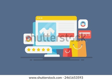 eCommerce website marketing, Customers making online purchase from ecommerce storefront, secure checkout, online shopping - vector illustration with icons