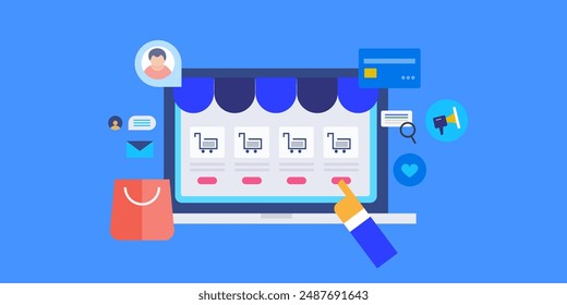 eCommerce website marketing, Promoting ecommerce website on Social media, eCommerce marketing strategy development, SEO, email, Digital marketing - vector illustration with icons