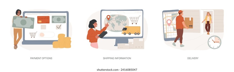 E-commerce website order processing isolated concept vector illustration set. Payment options, shipping information, delivery, shopping cart, online banking, international delivery vector concept.