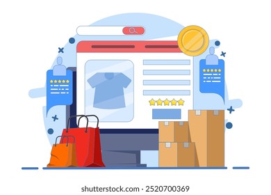 E-commerce website platform concept, Browse shopping from e-commerce website, Digital marketplace, Secure payment, Customer product rating, vector illustration with icons.
