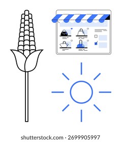 Site de comércio eletrônico com toldo de frente de loja, ícones de compras, planta de milho e ilustração de sol. Ideal para varejo on-line, agricultura, e-commerce eco-friendly, sustentabilidade, agricultura mercados digitais