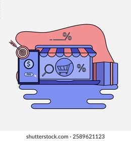 e-commerce website vector illustration, web-based e-commerce. Illustration banner with icons. EPS 1