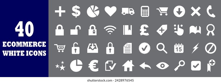 Iconos blancos de comercio electrónico. signo plano de compras.