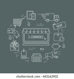E-commerce white line concept. Line icons for business, web development and landing page. Modern linear concept. Flat design. Vector illustration