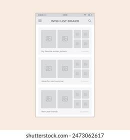 Ecommerce wishlist board screen with products lists. Vector mobile wireframe editable design for mobile, with sample data and real user interface graphic details ready for ux and ui projects.