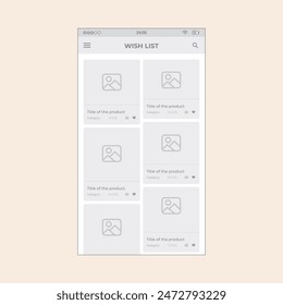 Ecommerce wishlist screen with products list and prices. Vector mobile wireframe editable design for mobile, with sample data and real user interface graphic details ready for ux and ui projects.