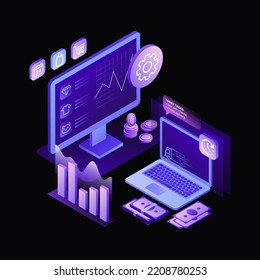 E-Commerce Work Space Illustration. Sales. Black Template. Vector illustration