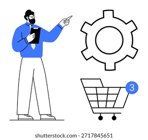 Comércio eletrônico, fluxo de trabalho, gerenciamento de negócios, estratégia, trabalho em equipe, produtividade. Empresário apontando para engrenagem e ícone do carrinho de compras. Conceito de comércio eletrônico e fluxo de trabalho