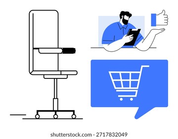 Comércio eletrônico, decoração de espaços de trabalho, análises de clientes, ferramentas de trabalho remoto, operações de negócios, aprovação on-line. Cadeira de escritório, carrinho de compras e pessoa dando feedback. Decoração de comércio eletrônico e espaço de trabalho
