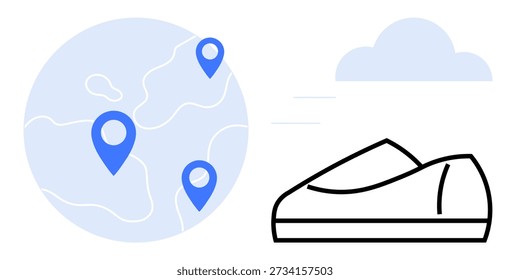 E-commerce, entrega mundial, logística, transporte rápido, navegação, mobilidade. Um globo com pinos de localização e um objeto de sapato-polegar para cima em alta velocidade. E-commerce e conceito de entrega mundial