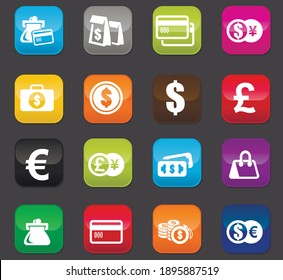 E-commers vector icons for user interface design. Colored buttons on a dark background