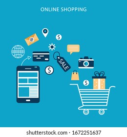 E-commerse online store flat banner webpage design with shopping cart and sale items icons vector