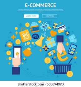 E-commerse online store flat banner webpage design with shopping cart and sale items icons vector illustration 