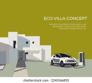 Eco-modern villa with an electric charging car. Architectural design concept on a green background. Facade of modern house. Banner for landing page, and social media.