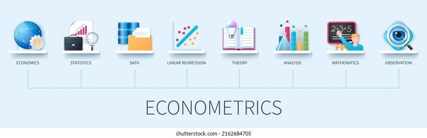 Banner econométrico con iconos. Economía, estadísticas, datos, regresión lineal, teoría, análisis, matemáticas, iconos de observación. Concepto de negocio. infografías de vectores web en estilo 3d