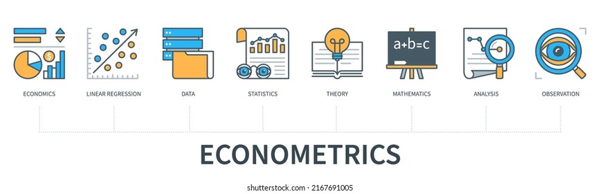 Econometrics Concept With Icons. Economics, Statistics, Data, Linear Regression, Theory, Analysis, Mathematics, Observation Icons. Business Banner. Web Vector Infographic In Minimal Flat Line Style