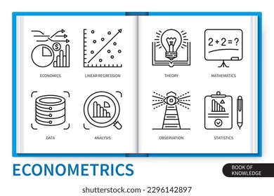 Conjunto de elementos de infografía econométrica. Economía, estadísticas, datos, regresión lineal, teoría, análisis, matemáticas, observación. colección de iconos lineales de vector web