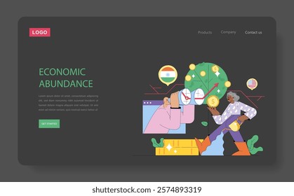 Economic Abundance concept. Two people examine financial growth charts, currency, and economic indicators. Investment analysis, market trends. Vector illustration.