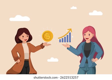 Conceito de Conquista Econômica Mulheres Investidoras Ganhando Lucro com Gráfico para Cima e Ícone de Dinheiro.